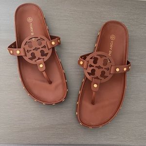Tory Burch Brown Miller Coin Leather Thong Sandals